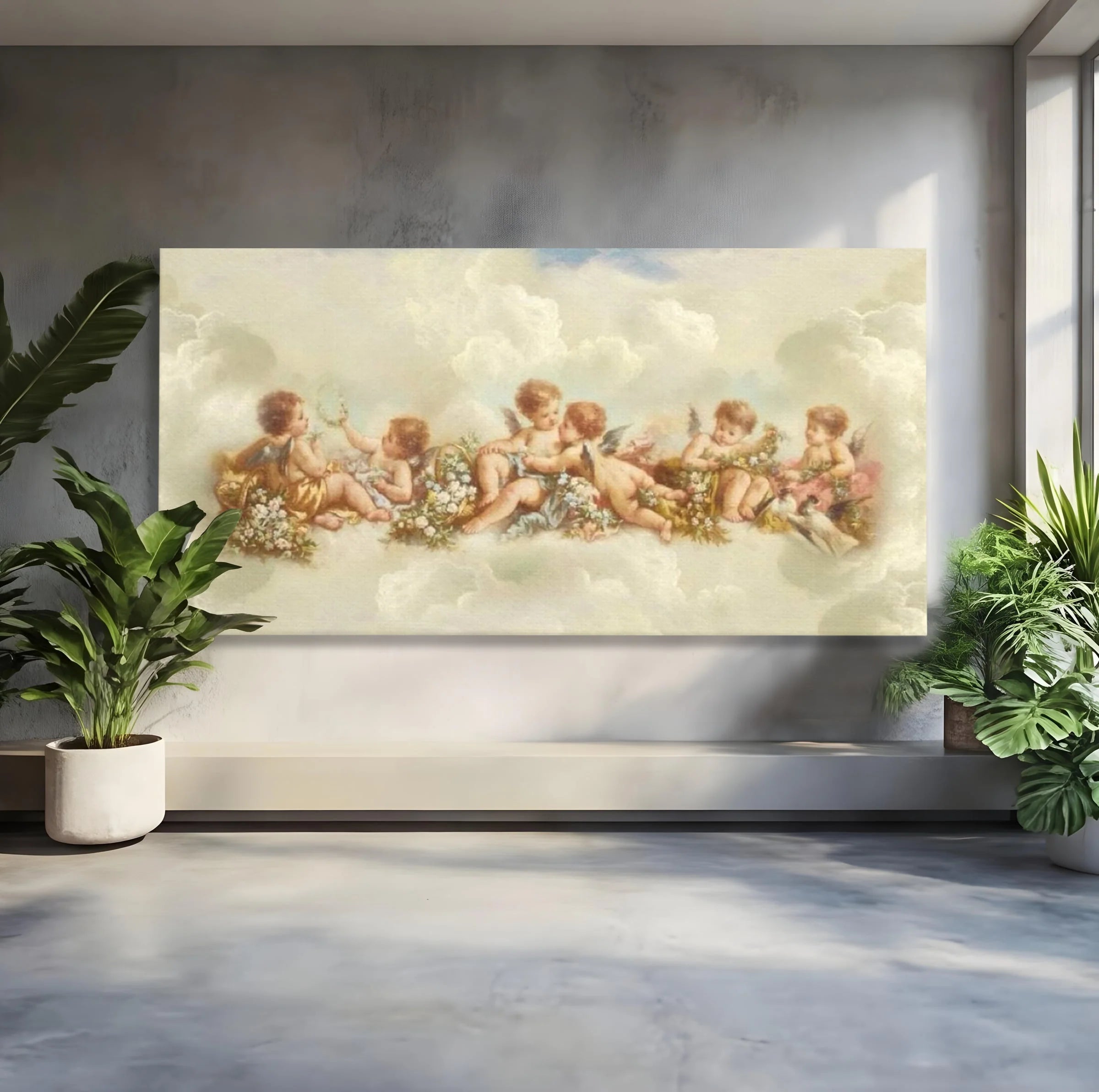 Tablou canvas cu pictura canvas cu ingerase pe nori, fara rama, pe sasiu de lemn